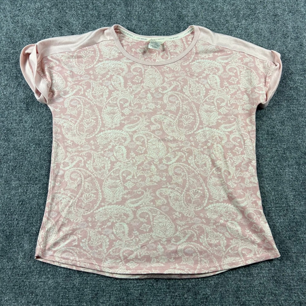 Lucky Brand T Shirt Womens Large Pink Paisley Short Sleeve Crew Neck Top Casual